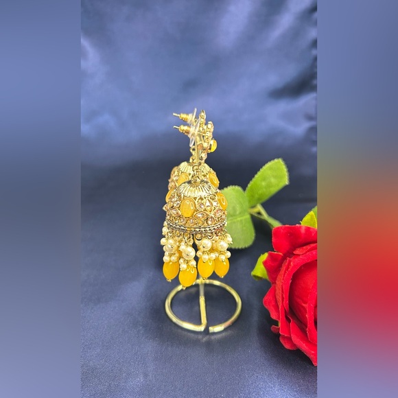 Beautiful Mustard Gold Duluxe Reverse Ad Jhumkas - Picture 4 of 7